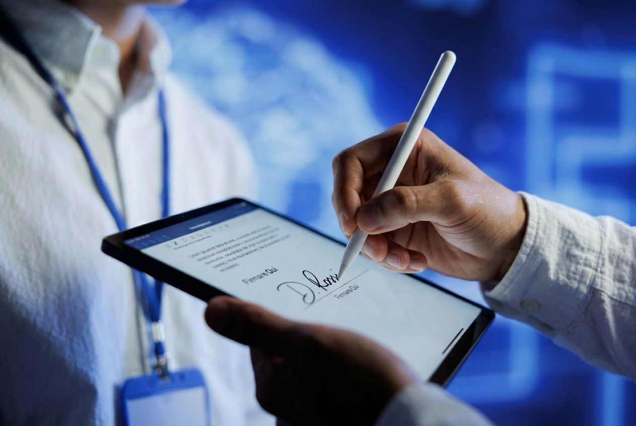 Professionista firma un contratto digitale Kollego® signature su tablet