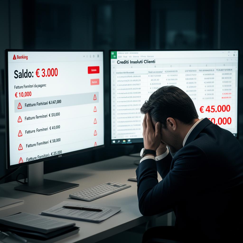 Imprenditore preoccupato davanti ai monitor con conto in banca a €3.000 e crediti insoluti per €45.000
