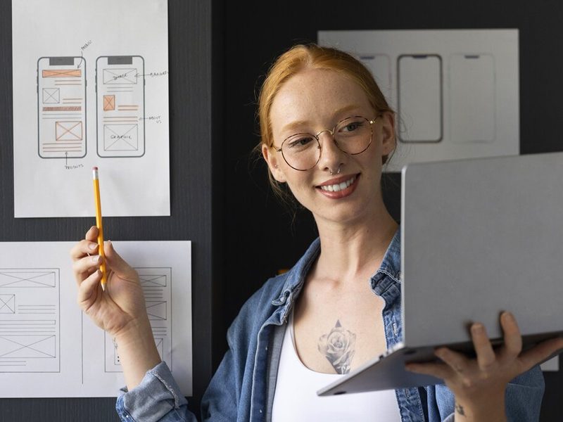 Web designer Kollego® con laptop e wireframe di siti web responsive in studio creativo