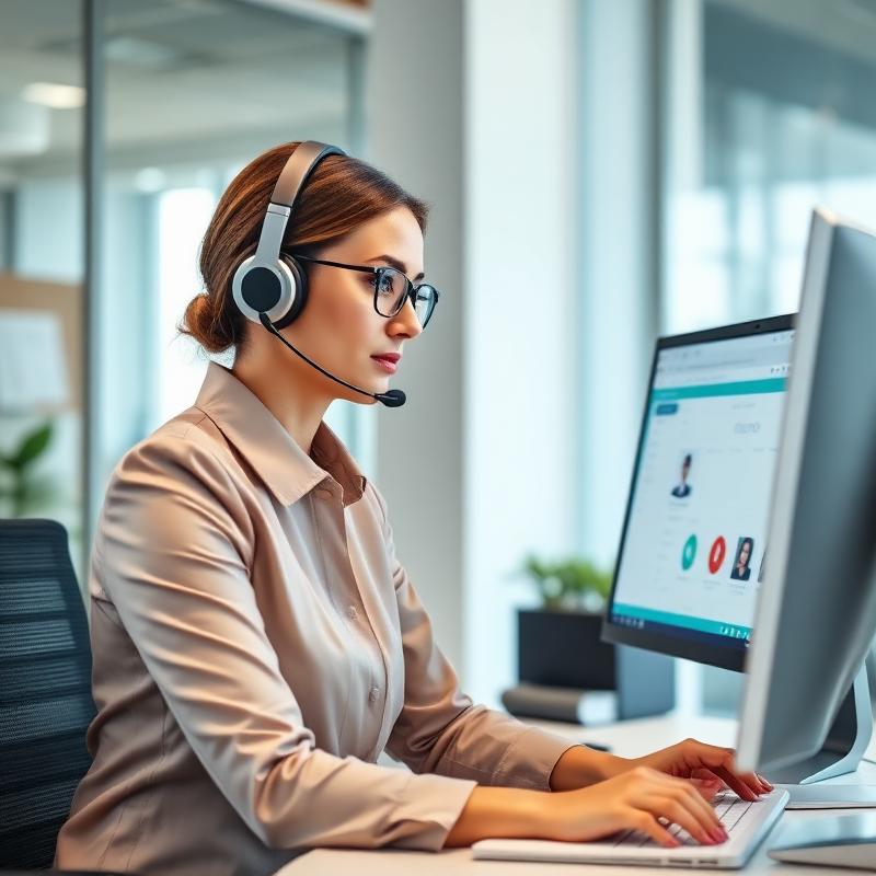 Operatrice in ufficio con cuffie che clicca il numero del cliente sul CRM Avanzato Kollego®