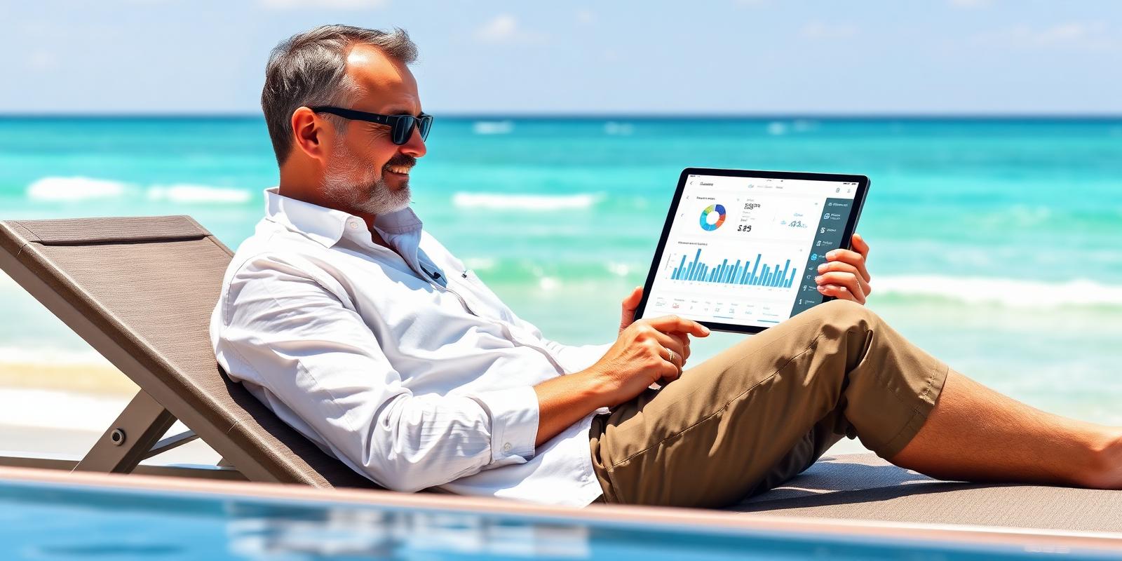 Titolare in vacanza al mare che consulta sul tablet il report delle chiamate in entrata e uscita della sua azienda