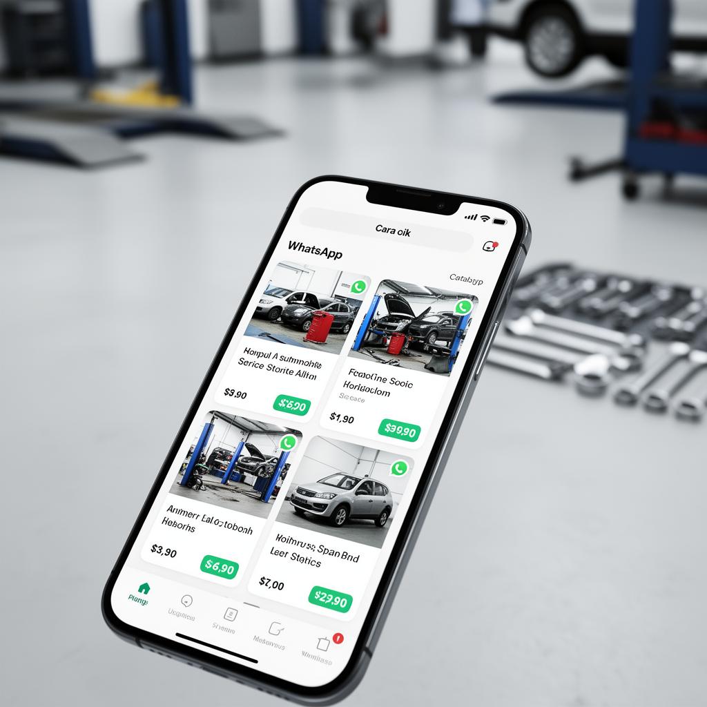 Mockup smartphone con catalogo servizi officina in WhatsApp