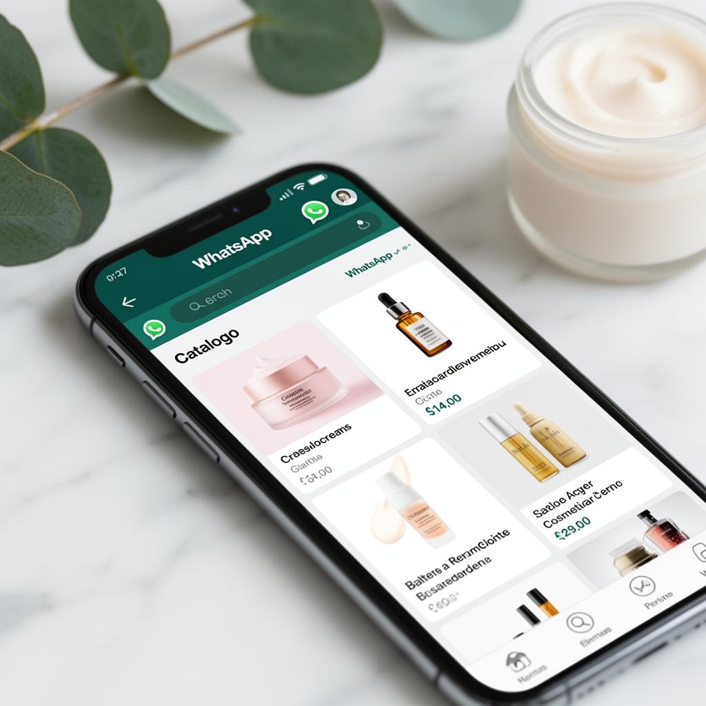 Mockup smartphone con catalogo prodotti del centro estetico in WhatsApp