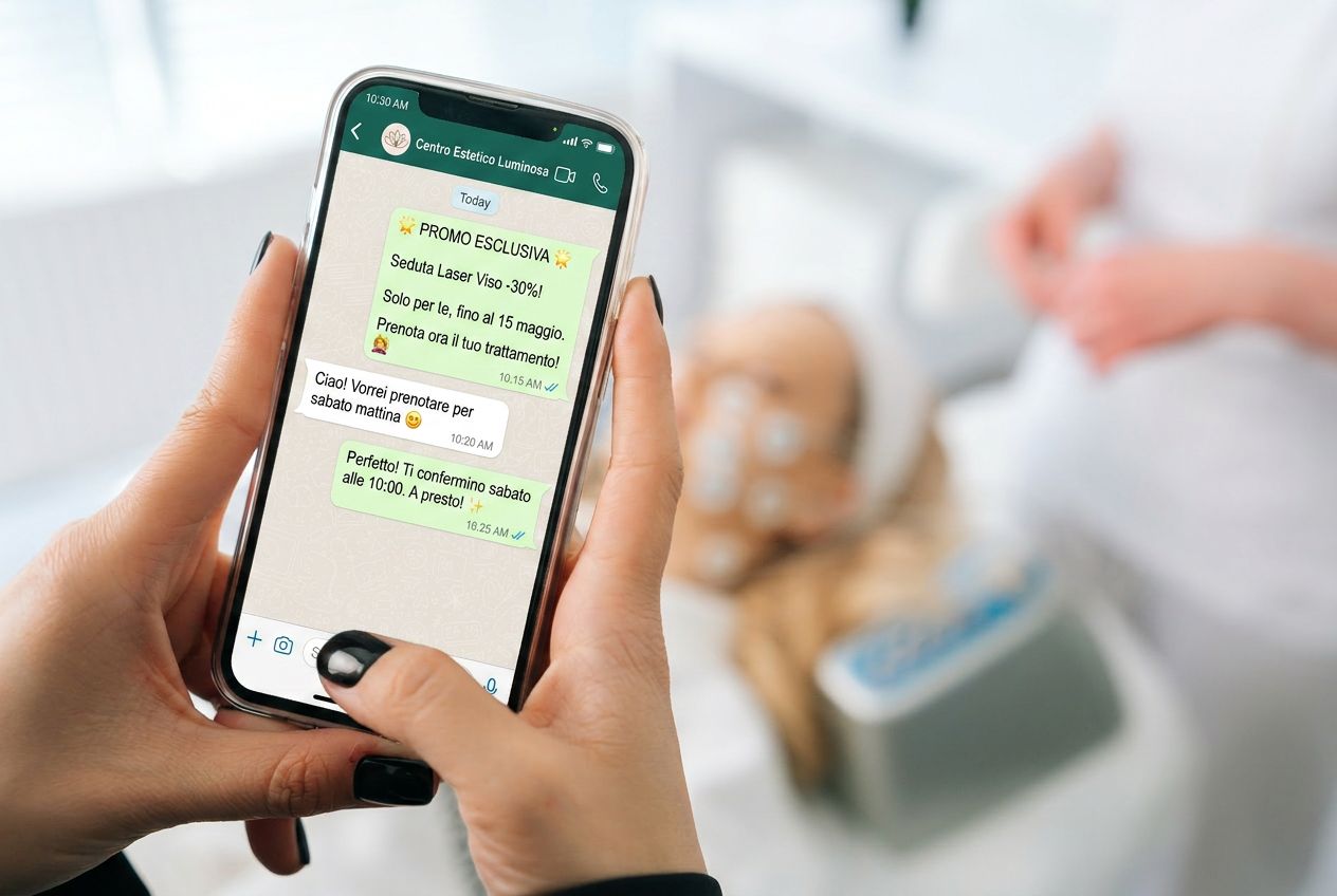 Mockup smartphone con conversazione WhatsApp del centro estetico tramite Kollego® WhatsApp Beauty
