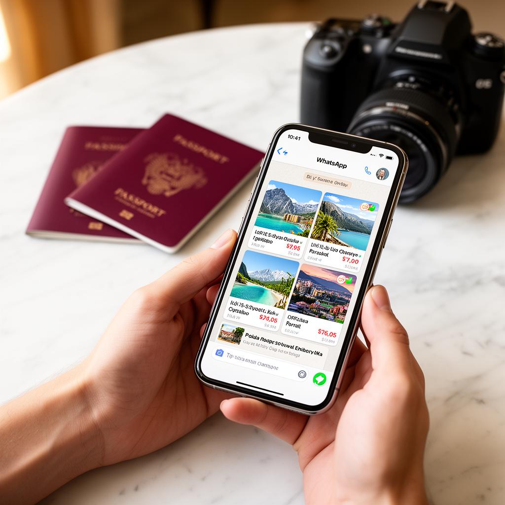 Mockup smartphone con catalogo di pacchetti viaggio in WhatsApp